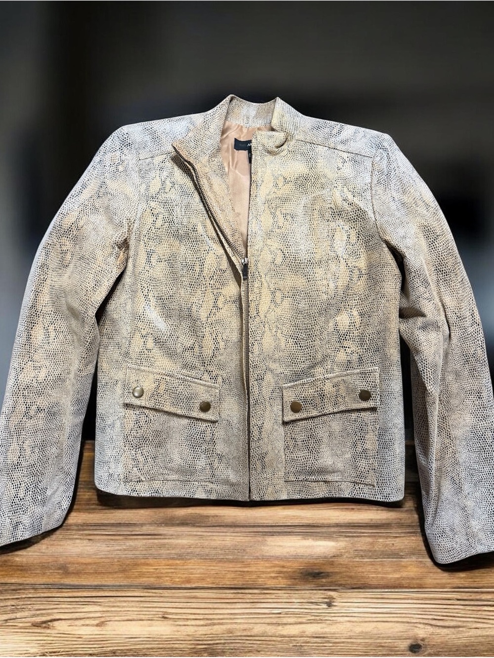 Alfani Cream Snake-Print Leather Jacket